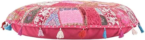 GANESHAM Taburete de pie étnico decorativo hecho a mano con retazos vintage de algodón bohemio chic bohemio bordado a mano, cojín redondo para el