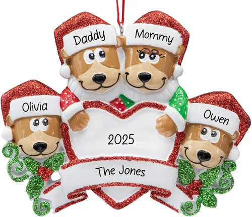 Miniatura 7 de Adorno de Navidad personalizado de familia de 5 con corazón de oso negro 2026 Padres e hijos personalizados para el árbol de Navidad Recuerdo