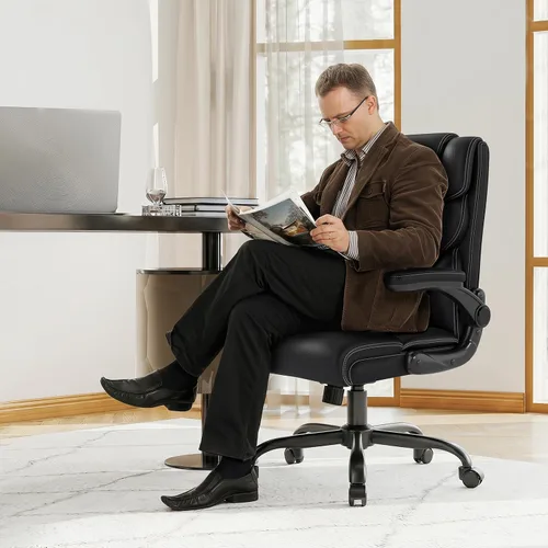 Miniatura 7 de Silla de oficina ejecutiva con reposabrazos abatibles, sillas ergonómicas de escritorio para computadora, silla de oficina de cuero con respaldo