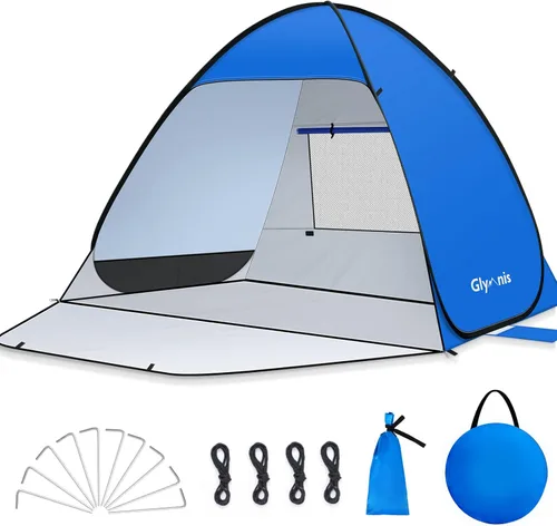 Miniatura 10 de Glymnis Tienda de campaña de playa desplegable para 1-4 personas, refugio solar UPF 50+ con cremallera para puerta, portátil, fácil de poner