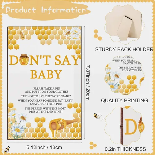 Miniatura 2 de Unittype 51 Piezas No Digas Bebé Juego de Baby Shower Regalos Incluye Letrero de Baby Shower Tema Abeja y 50 Mini Pinzas de Ropa de Abeja para Niños
