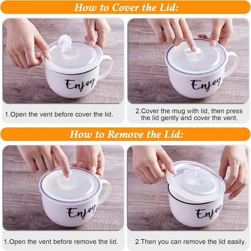 Miniatura 5 de DAYYET Tazas de sopa con asas y tapas ventiladas, cuencos de sopa aptos para microondas de 26 onzas, juego de tazas de cerámica para avena durante