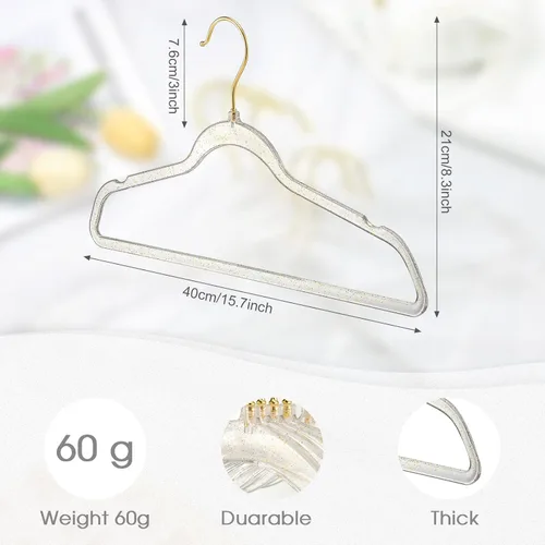Miniatura 3 de Weysat 20 perchas de acrílico transparente de plástico dorado con purpurina antideslizante para ahorrar espacio, traje resistente para colgar ropa