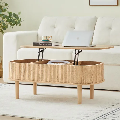Mesa de centro con parte superior acanalada totalmente montada con compartimento oculto, mesa central de madera, moderna mesa de elevación ovalada