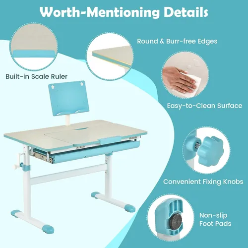 Miniatura 6 de Costzon Escritorio para niños, mesa de estudio ergonómica de altura ajustable para niños con escritorio inclinable y soporte para libros, cajón