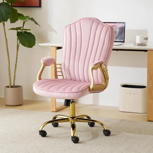 Silla de oficina en casa de terciopelo con brazos y patas dorados, cómoda silla de escritorio giratoria tapizada y capitonada, cómoda con ruedas Rosa