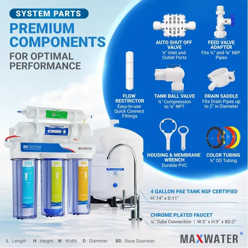 Miniatura 3 de Max Water 5 etapas 50 GPD (Galones Por Día) Sistema estándar de filtración de agua RO (Ósmosis Inversa) - Instalación bajo el fregadero/montaje