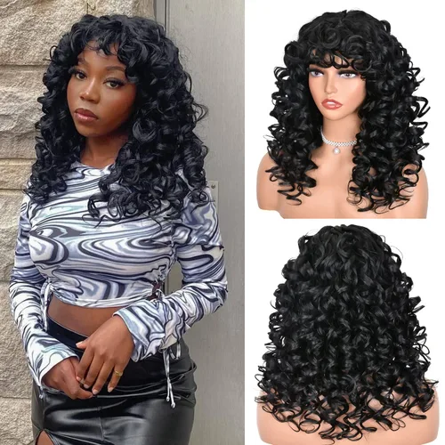 Miniatura 2 de ANNISOUL Pelucas rizadas negras para mujeres negras, peluca afro rizada larga con flequillo para mujeres, fibra sintética sin pegamento, pelo Negro