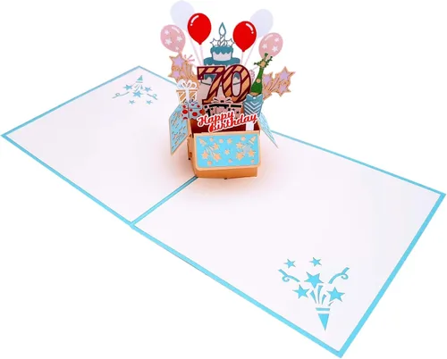 Miniatura 7 de iGifts And Cards Tarjeta desplegable 3D de 70 cumpleaños: caja de fiesta azul centro de mesa de champán - Saludo de hito para padres, abuelos