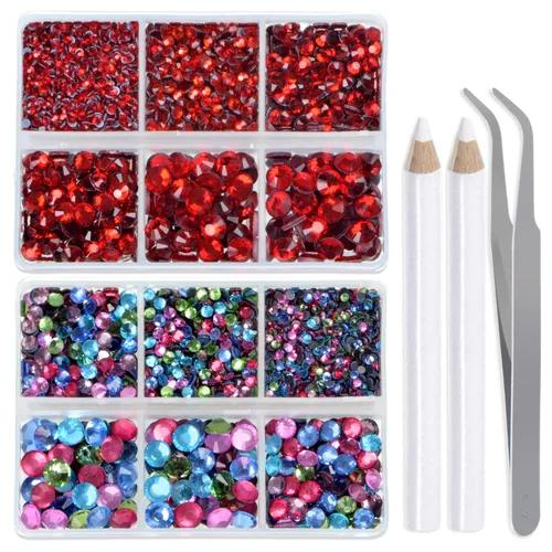 Miniatura 9 de LPBeads 6400 unidades de diamantes termoadhesivos de 12 colores con parte trasera plana, 5 tamaños mixtos, gemas de cristal redondas con pinzas