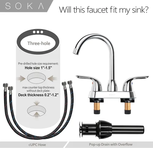 Miniatura 6 de SOKA Grifo de baño central de dos asas para fregadero de acero inoxidable de arco alto con placa de cubierta y montaje de drenaje desplegable