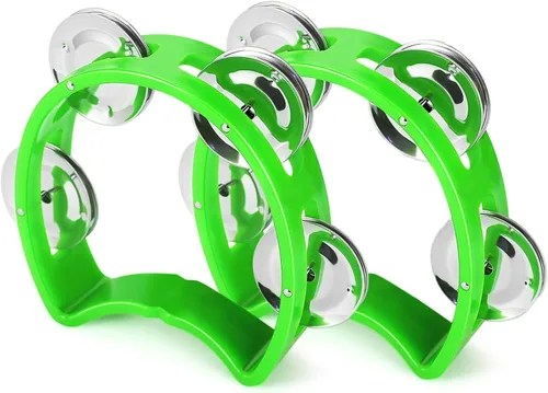 Miniatura 11 de Flexzion Pandereta - Campana de mano, instrumentos musicales de percusión (azul, paquete de 2), instrumento musical de plástico, media luna, mini D