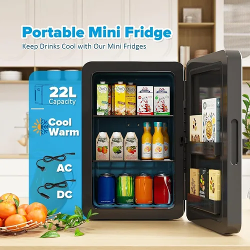 Miniatura 2 de Kikihouse Mini refrigerador de 22L/30 latas para dormitorio, enfriador y calentador portátil de 12 V CC, mini refrigerador con frente de vidrio