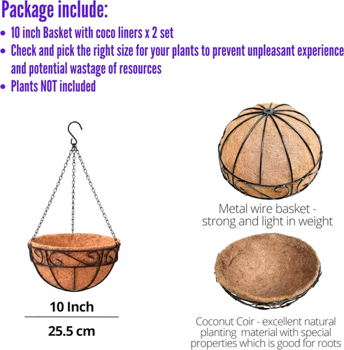 Miniatura 2 de LaLaGreen - Maceta colgante para plantas de exterior (10 pulgadas, paquete de 2) cestas colgantes con forro de coco, macetas de alambre de metal