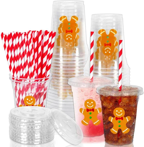 Miniatura 58 de Whaline 50 vasos de plástico desechables patrióticos de 12 onzas con tapas y pajitas con la bandera estadounidense del 4 de julio, vasos