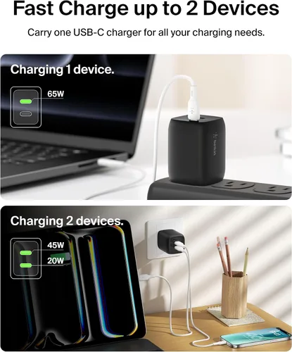 Miniatura 3 de Belkin Bloque Cargador Dual USB C de 65W, Carga Súper Rápida PD 3.0 con GaN - Samsung Galaxy S25, Apple iPhone 17, Air, Pro, Pro Max, iPad, MacBook
