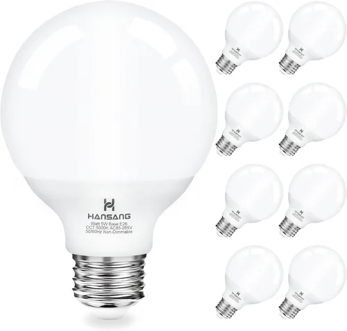 Bombilla de tocador de 5000 K, paquete de 8 bombillas LED G25 para espejo de tocador de baño, base media E26, equivalente incandescente de 5 W 60 W,