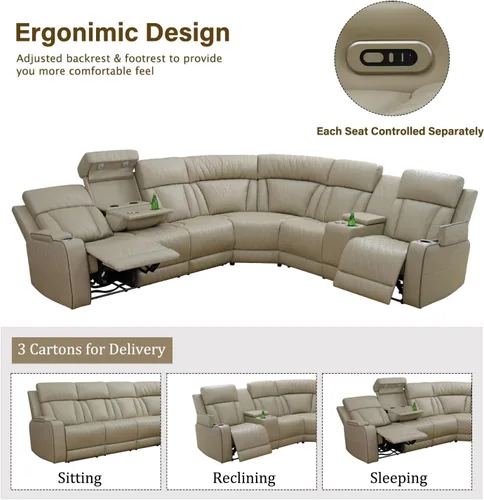 Miniatura 2 de Breathing Leather Sectional Sofa with Dual Power Recliner, 6 Seater L Shaped Reclining Couch for Living Room, Sectional Couch with Reading Lamp/USB