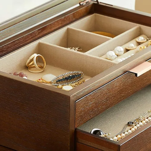 Miniatura 5 de AMYSTY Jewelry Organizer Jewelry Box 2 Tier Wooden Jewelry Case Retro Jewelry Box Hand Jewelry Earrings Necklace Velvet Lining Display Case For