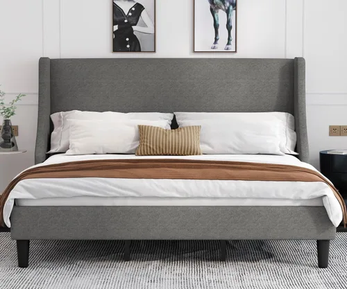 Allewie Marco de Cama de Plataforma Tamaño King con Cabecera Tapizada, Respaldo Wingback Moderno de Lujo, Soporte de Listones de Madera, Base de