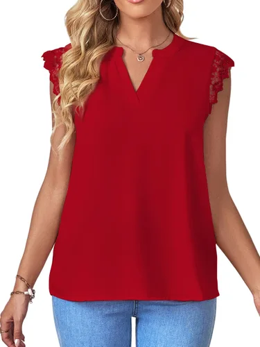 Miniatura 6 de LYANER Blusa elegante sin mangas con cuello en V y ribete de encaje para mujer