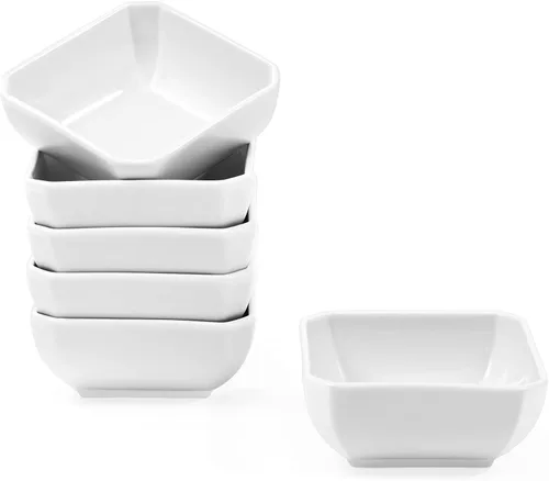 Miniatura 8 de Juego de 6 cuencos cuadrados de 3 onzas, platos de cerámica blanca, mini cuencos para condimentos para salsa de soja, sushi, barbacoa, ketchup