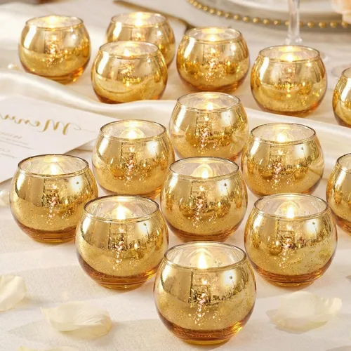 24 portavelas votivas doradas, portavelas de vidrio de mercurio dorado, decoraciones Diwali para el hogar, centros de mesa de boda para mesas,