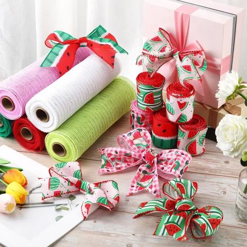 Miniatura 5 de Woanger 10 Rollos de Cinta con Borde de Alambre a Rayas de Sandía y Cinta de Malla para Envoltorio de Regalos DIY de Verano, Manualidades, Corona