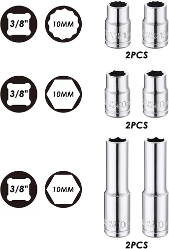 Miniatura 2 de MIXPOWER 6 piezas de 3/8" de 10 mm de profundidad y poco profunda, CR-V, métrico, acabado espejo, 6 puntas y 12 puntas
