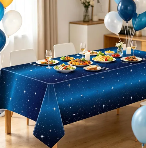 Miniatura 5 de Juego de 4 manteles de noche estrellada – Mantel rectangular de plástico de 86 x 51 pies, cubierta de mesa temática espacial – Suministros