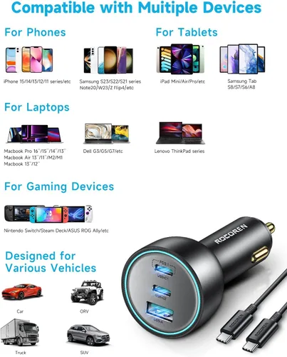 Miniatura 6 de Cargador de coche de 165 W para portátiles, PD3.1 140W/PD3.0 100 W USB C cargador de coche, cargador USB de carga súper rápida con cable de 240 W