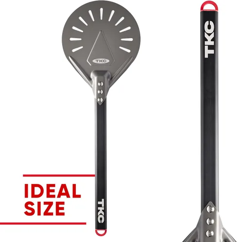 Miniatura 3 de TKC Pela de pizza perforada de 8 pulgadas – Pela profesional de aluminio para pizza – Espátula de pizza de metal de mango largo para interiores