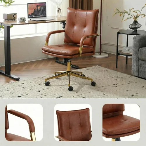 Miniatura 6 de MOJAY Silla de oficina, silla de escritorio de cuero, silla de escritorio marrón, silla de oficina moderna de mediados de siglo, silla de asiento