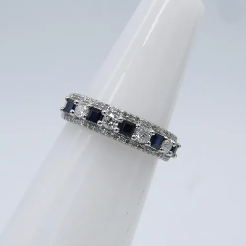 Miniatura 20 de Dazzlingrock Collection Anillo de boda de 9 piedras de zafiro azul princesa y diamante blanco redondo de 0.098 in cada uno en oro de 14 quilates