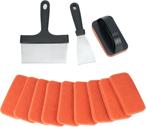 Tilldawn Kit de limpieza de plancha para Blackstone 13 piezas, 2 raspadores de limpieza de acero inoxidable, 10 estropajos y 1 mango, accesorios de