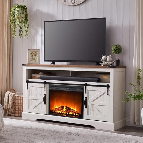 Miniatura 9 de OKD Soporte de TV con chimenea para TV de más de 65 pulgadas, centro de entretenimiento Highboy Farmhouse de 33 pulgadas de alto con chimenea