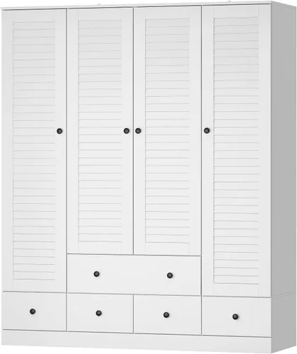 AGOTENI Armario Ropero con 4 Puertas de Persiana y 2 Varillas para Colgar, Gabinete de Almacenamiento de Ropa de Madera con 5 Cajones y Estantes