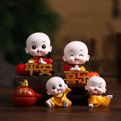 Bonita estatua de monje bebé, figura de resina de monje de hoja de loto, figura de Buda en miniatura china para decoración del automóvil del hogar,
