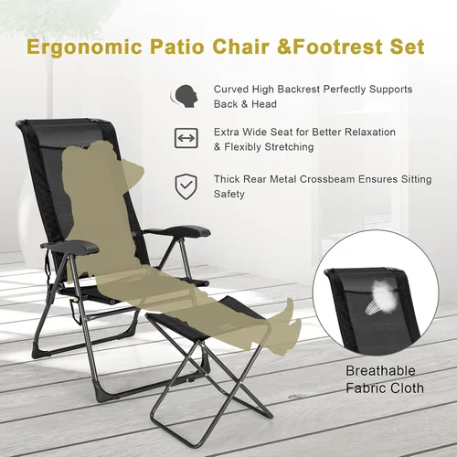 Miniatura 5 de Giantex 4 sillas plegables de patio con reposapiés, respaldo ajustable, paquete de 2 sillas de comedor portátiles para exteriores, para camping