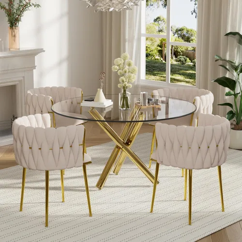 Miniatura 25 de Juego de mesa redonda dorada para 4, juego de mesa de comedor de 39'' con tapa de vidrio transparente, juego de mesa de cocina circular moderna de 5