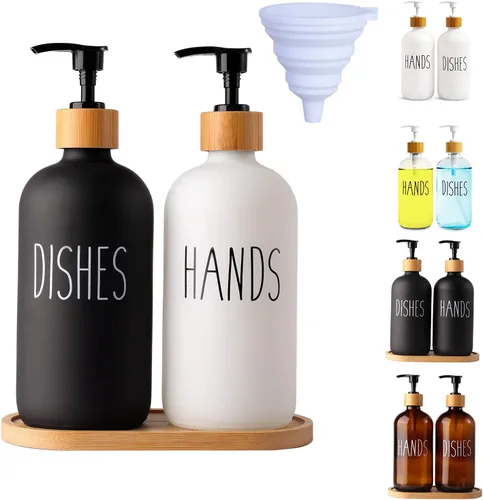 LOOCHICA Juego de 2 dispensadores de jabón de vidrio con bandeja, dispensador de jabón de vidrio para manos y platos para fregadero de cocina, juego