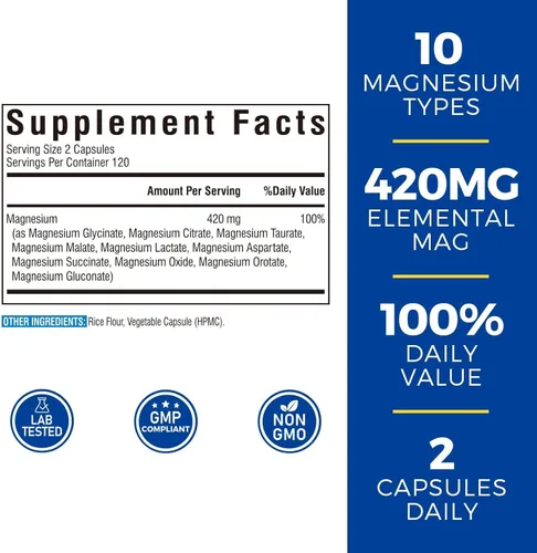 Miniatura 2 de Vitalibre Complejo de magnesio 10 en 1, 420 mg de magnesio elemental, ultra fuerza, máxima absorción, suplemento de magnesio quelado para nervios