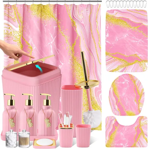 Miniatura 52 de 21PCS Bathroom Sets with Shower Curtain and Rugs Bathroom Accessories Set Beige Bathroom Set Complete with Trash Can, Toilet Brush, Qtip Holder &