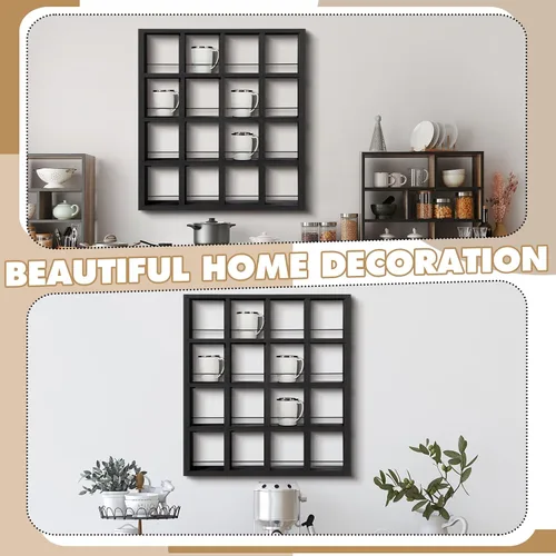 Miniatura 5 de Kigley Estante de exhibición de taza de café de gran tamaño con 16 ranuras de madera para montar en la pared, caja de sombras Curio, estante