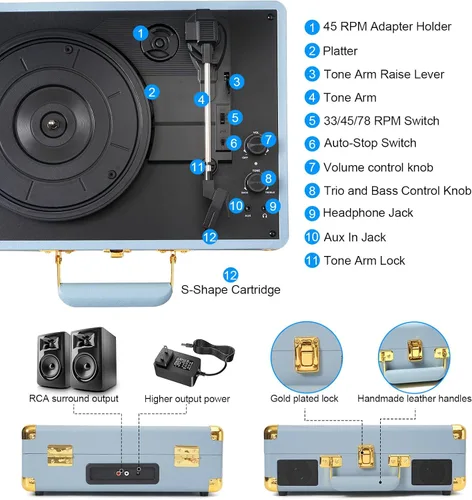 Miniatura 11 de VINYLSLINK Reproductor de discos de vinilo con Bluetooth, tocadiscos portátil de 3 velocidades con control de agudos y graves, altavoces estéreo Azul
