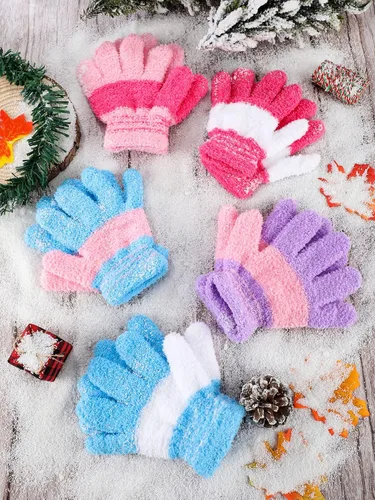 Miniatura 7 de SATINIOR 5 pares de guantes de dedos completos para niños, guantes de punto cálidos guantes de invierno para niños pequeños y niñas, suministros