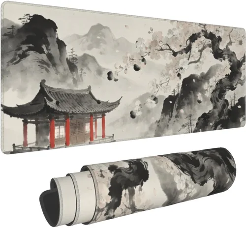 Miniatura 19 de Alfombrilla de mouse para juegos de acuarela japonesa negra y blanca con flor de cerezo de 35.4 x 15.7 pulgadas, XXL extendida, alfombrilla de mouse