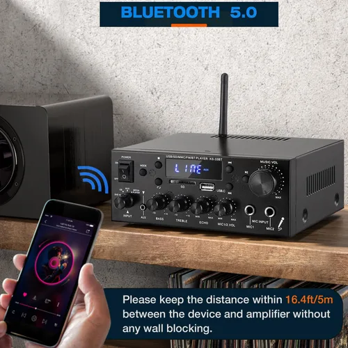 Miniatura 4 de Facmogu KS-33BT Receptor amplificador de audio estéreo de 2.1 canales con salida de subwoofer activa, RMS 60Wx2 Max 400Wx2 Mini BT Amp Home Theater