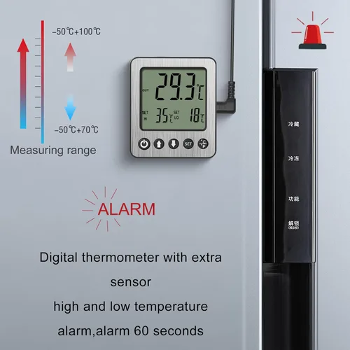 Miniatura 5 de Termómetro para refrigerador, alarma de congelador, termómetro digital para congelador con sensor adicional, alarma de alta y baja temperatura