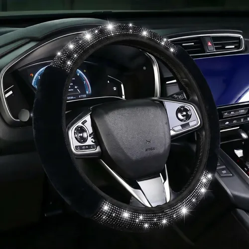 Funda para volante con destellos para mujeres y niñas, cubierta de volante de diamantes de imitación de color negro con brillantes de piel